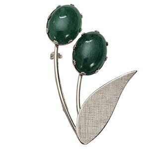 Sterling Silver Green Stone Cabochon Florentine Finish Leaf Flower Brooch L391